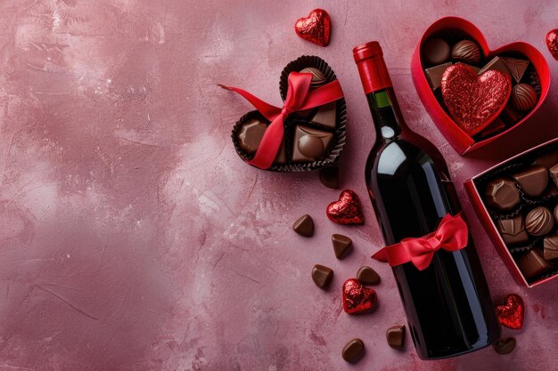 Garrafa de vinho tinto em fundo colorido para o Dia dos Namorados com presente e chocolate em forma de coração