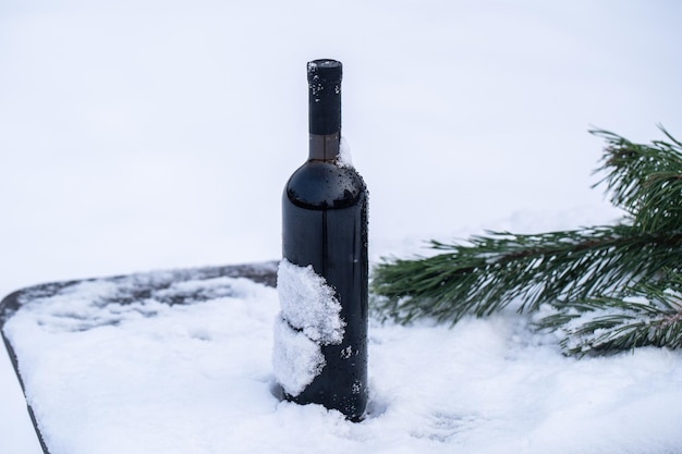 Garrafa de vinho tinto em uma cama de neve e fundo branco