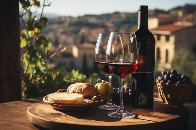 Foto garrafa de vinho vermelho, copo de vinho e barril de vodden ai generativo