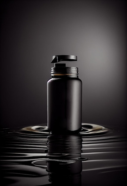Garrafa dispensadora pequena e elegante para cosméticos preto sobre fundo preto escuro mock up gerado por IA