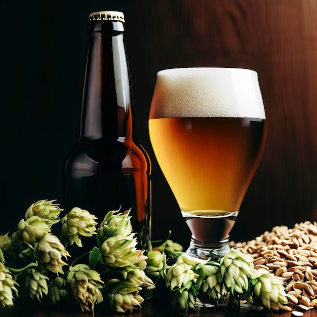 Garrafa e cerveja de vidro com ingredientes cervejeiros Flor de lúpulo com trigo