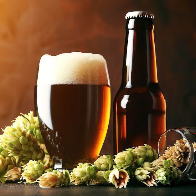 Garrafa e cerveja de vidro com ingredientes cervejeiros Flor de lúpulo com trigo