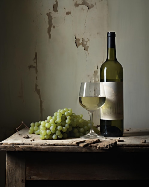 Garrafa e copo de vinho branco e uvas em uma mesa de madeira