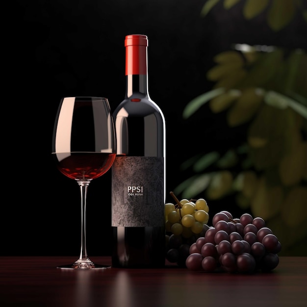 Garrafa e copo de vinho tinto com uvas na ilustração 3d de fundo preto