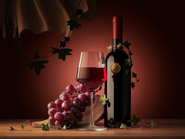 Garrafa e copo de vinho vermelho e uvas