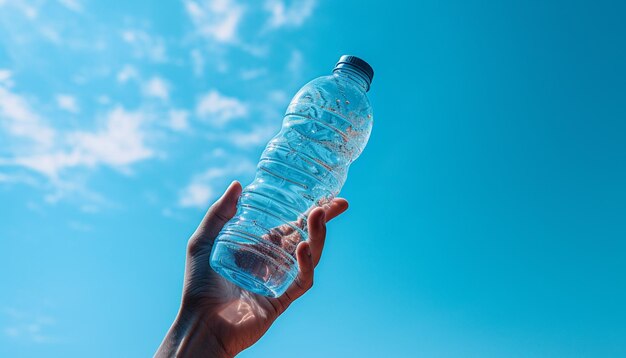 Garrafa plástica de água na mão humana sobre fundo de céu azul