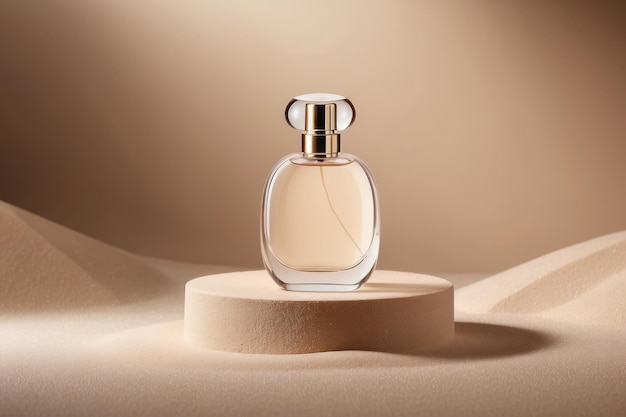 Foto garrafa transparente de perfume sobre um fundo de areia