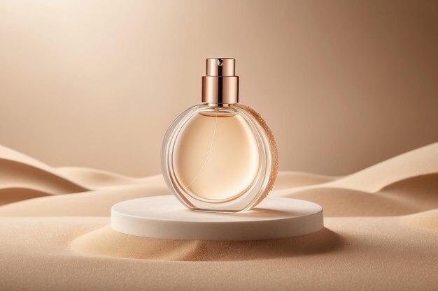 Foto garrafa transparente de perfume sobre um fundo de areia