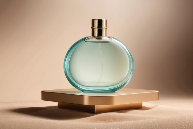 Foto garrafa transparente de perfume sobre um fundo de areia