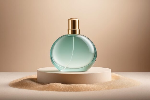 Foto garrafa transparente de perfume sobre um fundo de areia