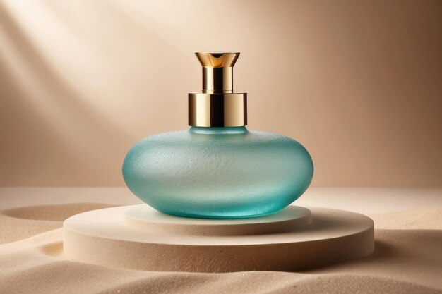 Foto garrafa transparente de perfume sobre um fundo de areia