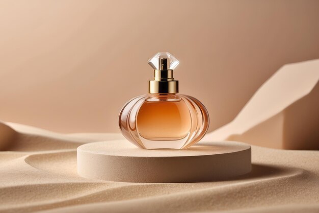 Garrafa transparente de perfume sobre um fundo de areia