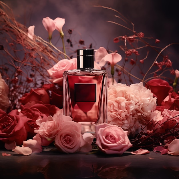 Garrafa vazia de luxo com flor de rosa e suporte de produto Stand for Perfume display generative ai