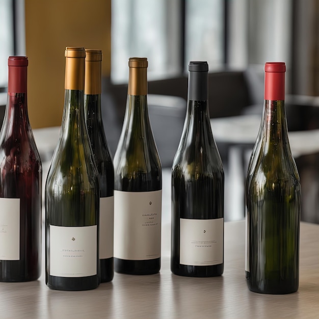 garrafas com vinho e garrafas de vinho em linha na mesadiferentes tipos de garrafas de vinho na mesa