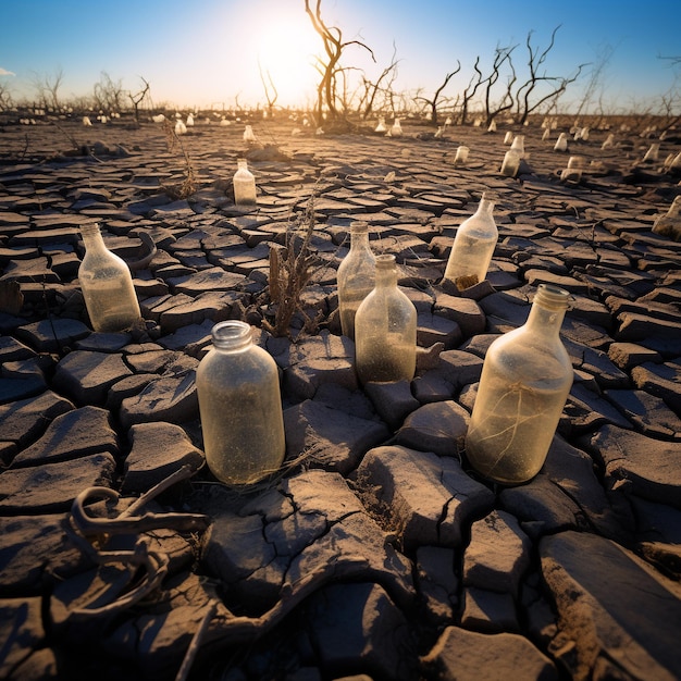 Foto garrafas de água de plástico em solo seco poluição por plástico e aquecimento global