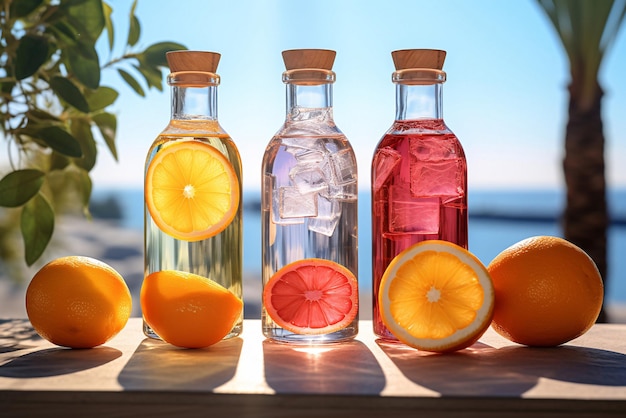 Garrafas de bebidas de frutas com fatias de frutas cítricas na mesa de madeira com vista para o mar geradas por IA