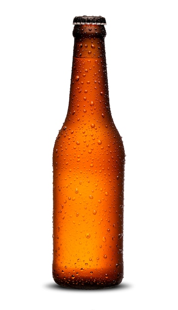 Garrafas de cerveja 300 ml pescoço longo com gotas sobre fundo branco.