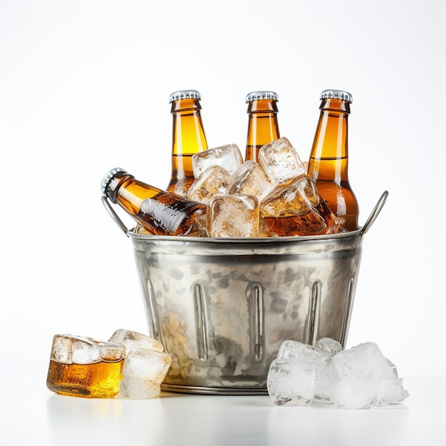 Garrafas de cerveja em cesta de metal com cubos de gelo sobre fundo claro para bebida de festa