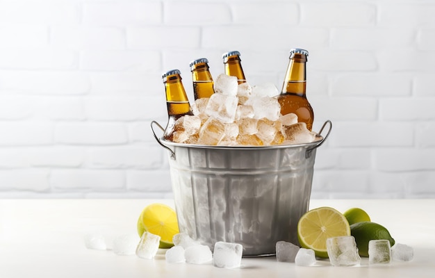 Garrafas de cerveja em cesta de metal com cubos de gelo sobre fundo claro para bebida de festa