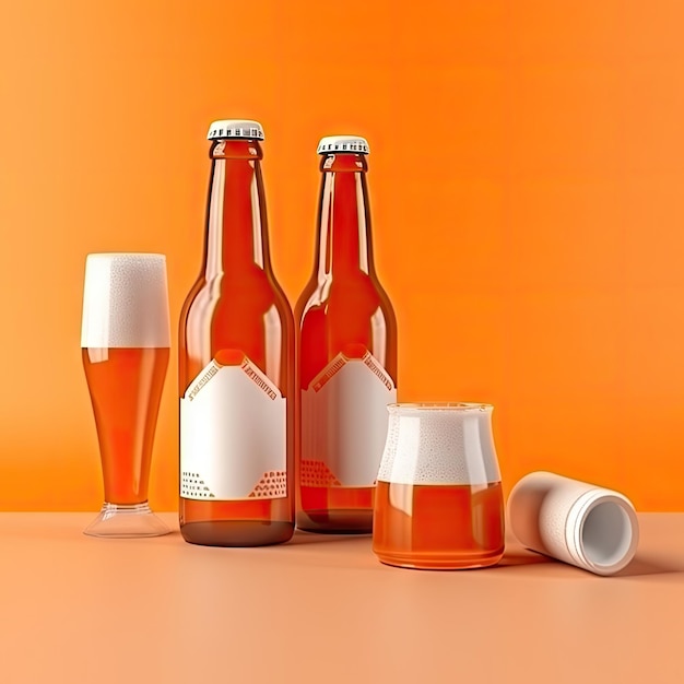 Garrafas de cerveja laranja Mockup para dia de verão Bebidas alcoólicas doces para celebração de férias Garrafa de cerveja com espaço de cópia Abstracto Ilustração de IA generativa