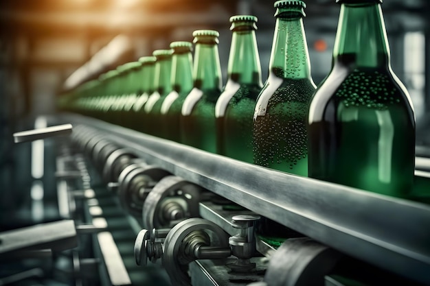 Foto garrafas de cerveja na correia transportadora, fabricação de bebidas, brevery, arte gerada pela rede neural