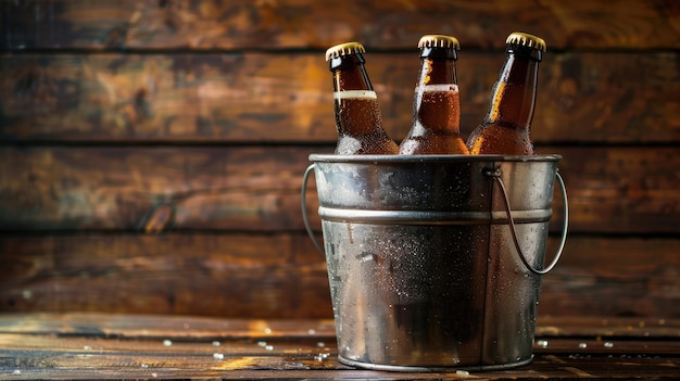 Garrafas de cerveja refrescantes esfriando em balde em um fundo de madeira rústica