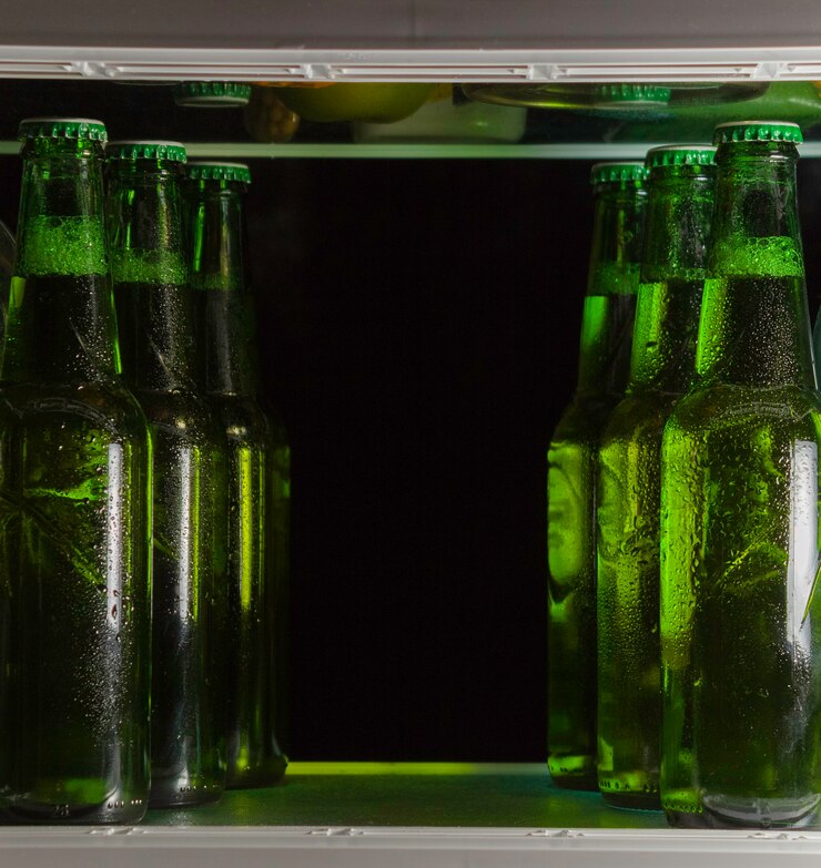 Garrafas de cerveja verdes na prateleira da geladeira. A névoa no vidro.