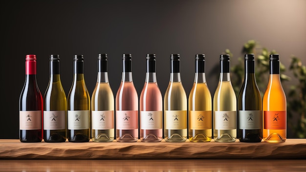 garrafas de close-up mesa de vinho introdução do produto alinhado horizontalmente bêbado mestre incrível inspirador