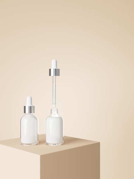 Garrafas de conta-gotas de soro cosmético no pódio com fundo bege 3D renderizar embalagem e marca de produtos de cuidados