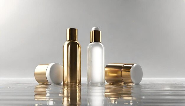 garrafas de cosméticos brancos com tampas douradas em pé no chão molhado com reflexo na água