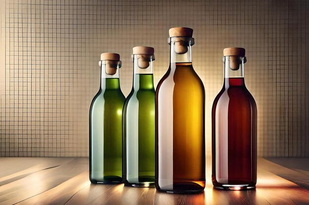 garrafas de diferentes tipos de álcool em uma mesa de madeira.