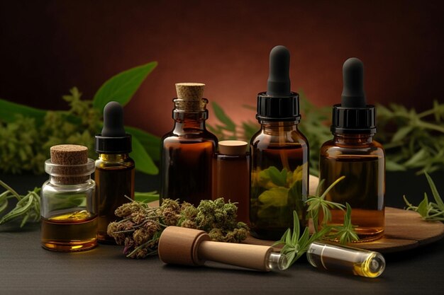 Garrafas de ervas medicinais saudáveis e plantas curativas em uma mesa de madeira Medicina herbal IA generativa