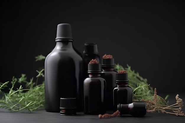 Garrafas de ervas medicinais saudáveis e plantas curativas em uma mesa de madeira Medicina herbal IA generativa