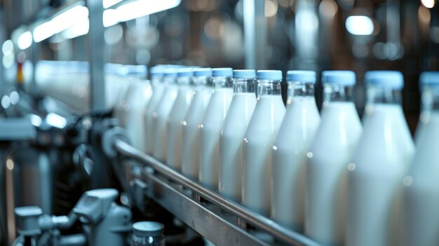 Garrafas de leite em uma linha de montagem industrial em uma fábrica no Dia Mundial do Leite