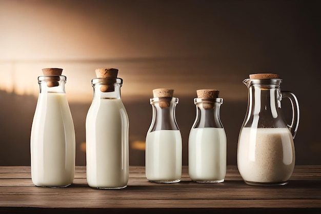 Garrafas de leite em uma mesa de madeira