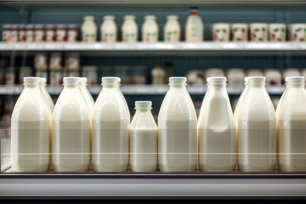 Garrafas de leite fresco em fila no supermercado