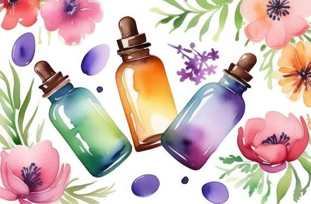 garrafas de óleo essencial sem marca com flores em fundo branco ilustração de aquarela