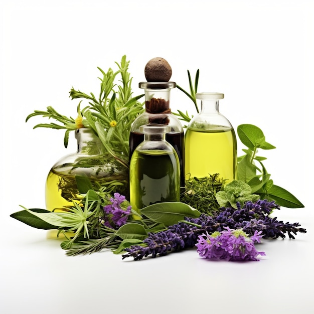 Foto garrafas de óleos essenciais com várias plantas aromáticas