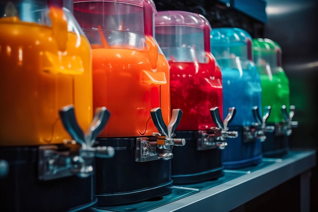 Garrafas de plástico coloridas para suco ou água na prateleira do supermercado IA gerativa