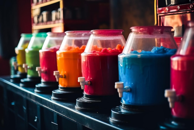 Garrafas de plástico coloridas para suco ou água na prateleira do supermercado IA gerativa