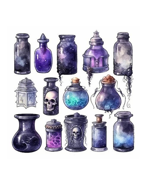 Garrafas de poção aquarela de elixir mágico de bruxa ou veneno alquimista