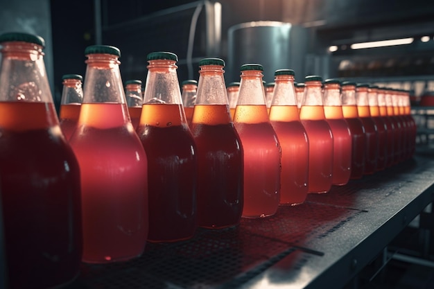 Garrafas de refrigerante vermelho ficam em uma esteira rolante.