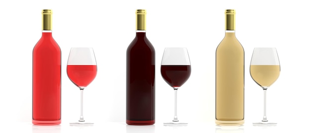 garrafas de renderização 3D e copos de vinho no fundo branco