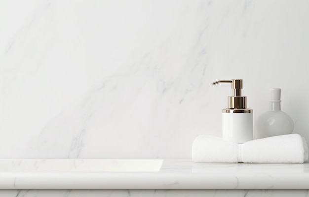 Garrafas de shampoo de sabão em prateleira de lavatório de mármore branco em banheiro leve