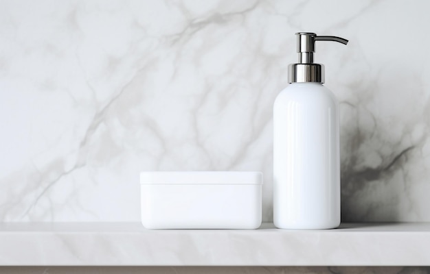 Garrafas de shampoo de sabão em prateleira de lavatório de mármore branco em banho leve