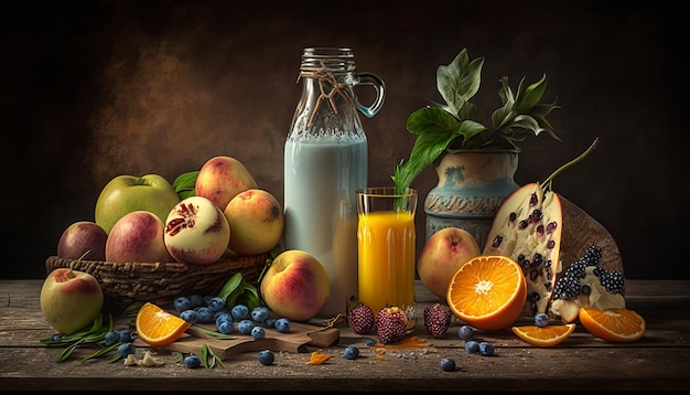 Garrafas de suco de frutas e smoothie com frutas frescas na mesa de madeira Generative ai