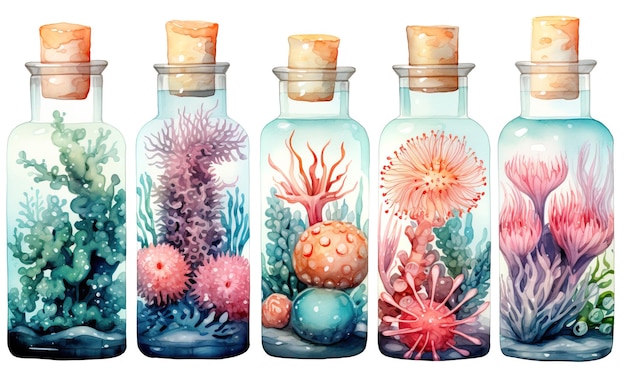 Garrafas de vidro aquareladas com corais isolados em um fundo branco