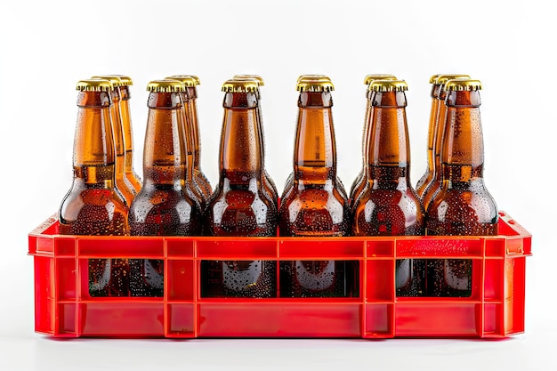 garrafas de vidro castanhas cheias e vazias de cerveja em caixas vermelhas em fundo branco