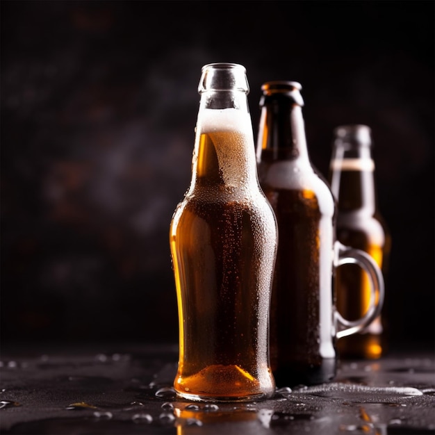 Garrafas de vidro de cerveja com vidro e gelo no escuro