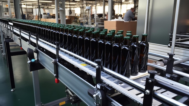 Garrafas de vidro de cerveja Conceito de linha de produção de fábrica de cerveja